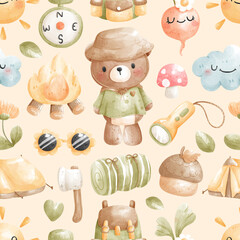 Cute Camping Litter Bear Seamless Pattern