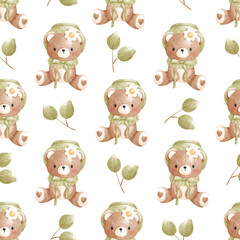 Fototapeta premium Cute Camping Litter Bear Seamless Pattern