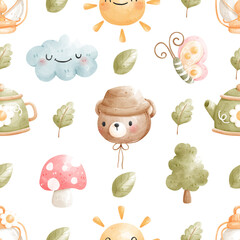 Cute Camping Litter Bear Seamless Pattern