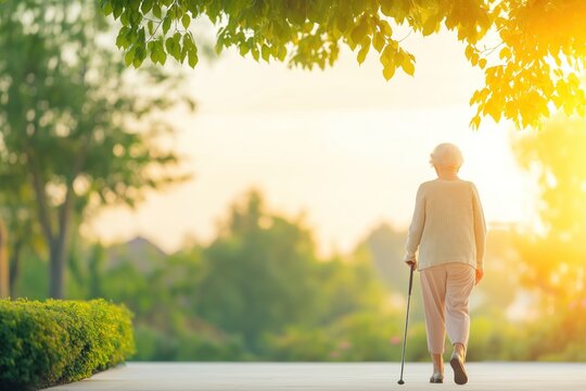 Idosa ativa e saud&aacute;vel, caminhando com firmeza pela rua, com sua bengala. A imagem transmite vitalidade, independ&ecirc;ncia e qualidade de vida na terceira idade