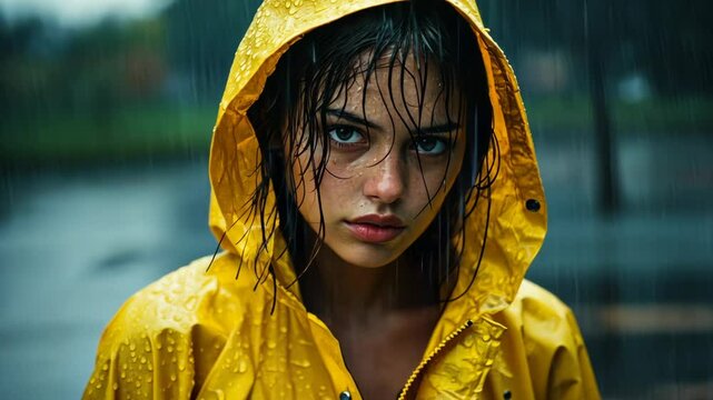 A woman in a yellow raincoat stands in the rain, her hair wet and dripping