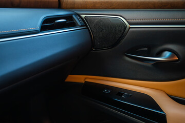 Obraz premium Interior of a modern car with leather inserts. Side door buttons: window lifters, mirror adjustment buttons, door lock. Inside the car.
