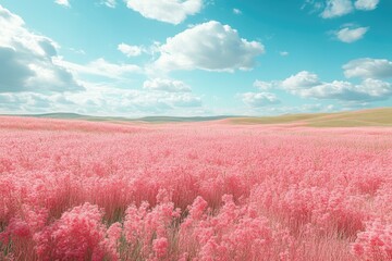 Endless Pink Grasslands Beneath a Bright Blue Sky and Fluffy White Clouds
