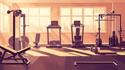 Modern gym interior with exercise equipment including treadmills, a weight machine, and dumbbells.