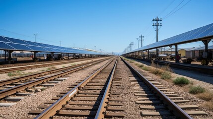 Obraz premium A train track lined with solar panels on both sides, creating a sustainable energy landscape
