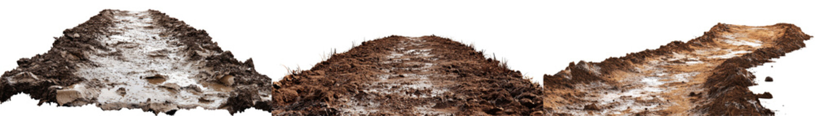 Obraz premium Three piles of soil, white isolate background
