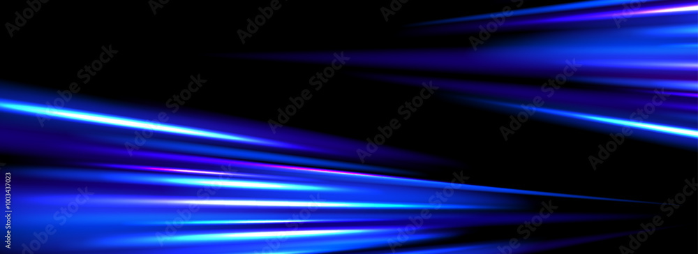 Poster neon glowing dynamic stripe background. bright blue speed light effect. magic trail flare line textu