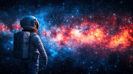 solitary astronaut figure in a sleek helmet floats in the vast emptiness of space. The scene symbolizes exploration, human curiosity, and the quest for knowledge beyond our planet