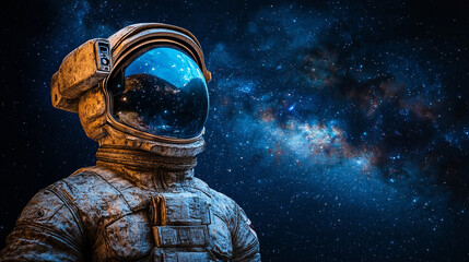 solitary astronaut figure in a sleek helmet floats in the vast emptiness of space. The scene symbolizes exploration, human curiosity, and the quest for knowledge beyond our planet