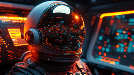 solitary astronaut figure in a sleek helmet floats in the vast emptiness of space. The scene symbolizes exploration, human curiosity, and the quest for knowledge beyond our planet