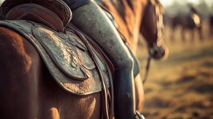 Close-up of horse saddle in natural light, side view