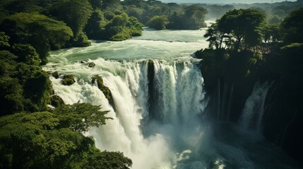 Fototapeta premium A cascading waterfall with a powerful flow, surrounded by lush vegetation and a misty spray, creating a breathtaking display of nature's raw power.
