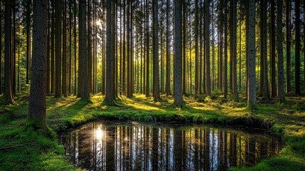 Sunlight filtering through tall trees in a dense forest, reflecting on a small pond.
