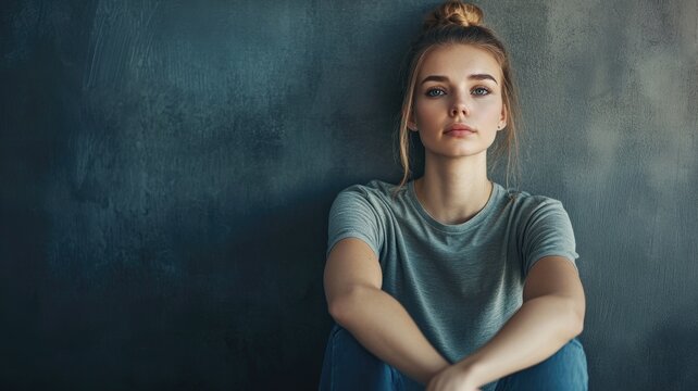 Young woman sitting, wearing grey shirt, looking serious, with dark background - Powered by Adobe