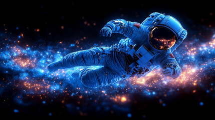 solitary astronaut figure in a sleek helmet floats in the vast emptiness of space. The scene symbolizes exploration, human curiosity, and the quest for knowledge beyond our planet