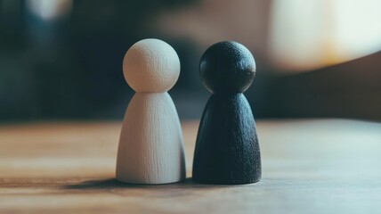 Two wooden figurines, black and white, stand side by on table