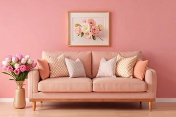  Stylish sofa setup with bold cushions and fresh flowers, creating a cheerful and inviting atmosphere. Mock up poster frame