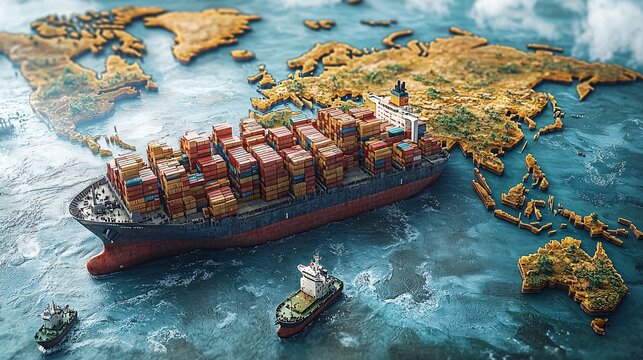 AI-driven logistics platform managing container ships on a world map, optimizing global supply chains for international delivery