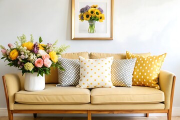  Stylish sofa setup with bold cushions and fresh flowers, creating a cheerful and inviting atmosphere. Mock up poster frame