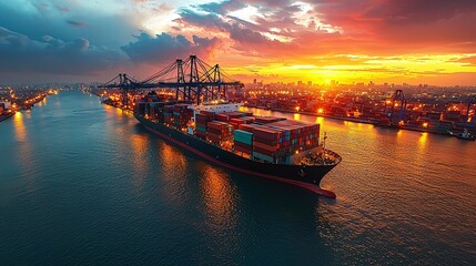 Obraz premium A digital world map visualizes AI-managed global shipping routes, optimizing container ship logistics for export-import processes