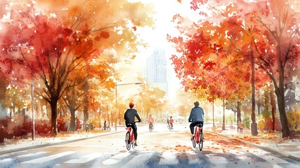 A watercolor painting depicting two people riding bicycles in the city on a sunny autumn day