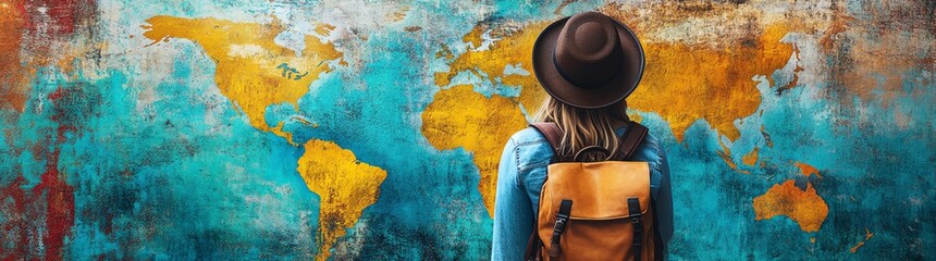 A woman in a hat and backpack stands against the background of an abstract graffiti world map, viewed from behind