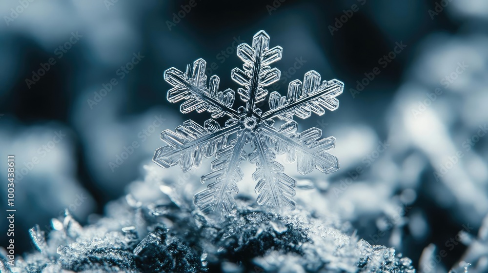 Poster a close-up of a beautiful snowflake resting on a bed of frost, showcasing intricate patterns and del