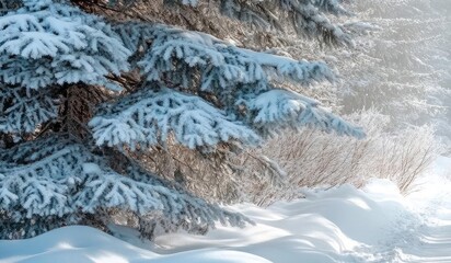 A serene winter landscape featuring snow-covered trees and a tranquil path leading into the snowy forest.