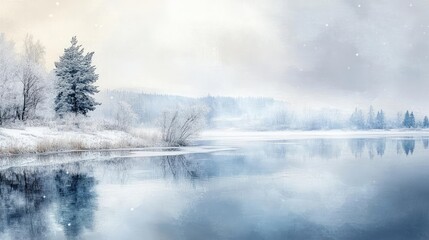 A serene winter landscape with a reflective lake, frosted trees, and soft snowfall, capturing the beauty of nature's quiet moments.