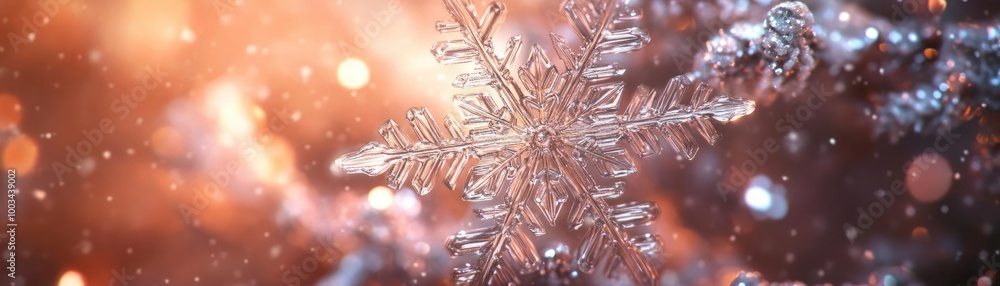 Poster a close-up view of a delicate snowflake, shimmering against a colorful bokeh background, capturing t