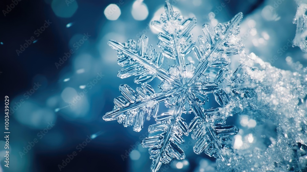 Aufkleber a beautiful close-up of a snowflake sparkling against a soft blue background, showcasing its intrica