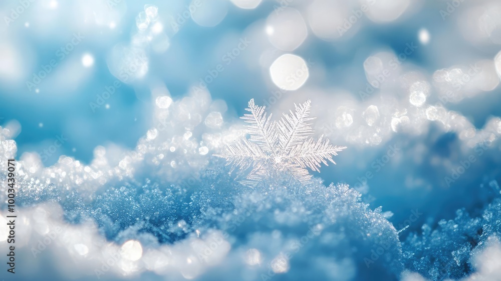 Poster crystal clear snowflake resting on sparkling snow, creating a serene winter wonderland atmosphere.