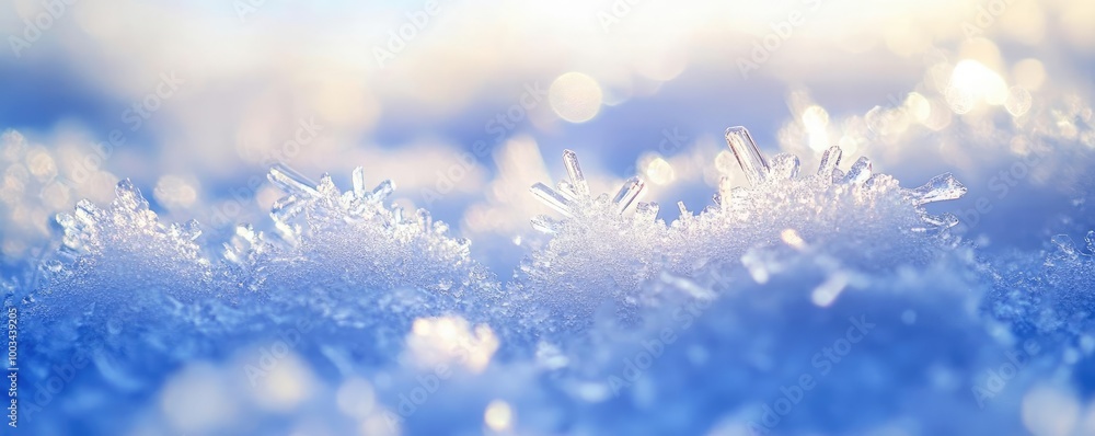 Poster close-up of delicate snowflakes on a serene winter surface, showcasing intricate patterns and sparkl