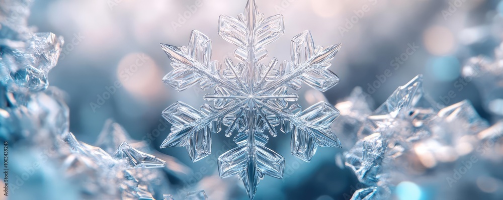 Poster a close-up of an intricate ice crystal, capturing the delicate patterns of a snowflake against a sof