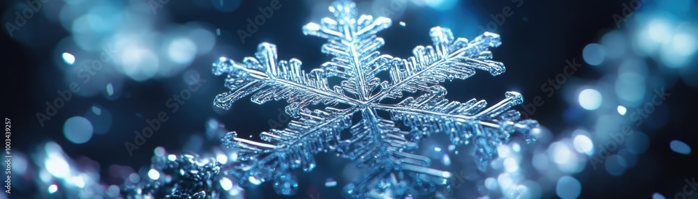 Poster close-up of a delicate snowflake shimmering against a dark background, showcasing intricate patterns