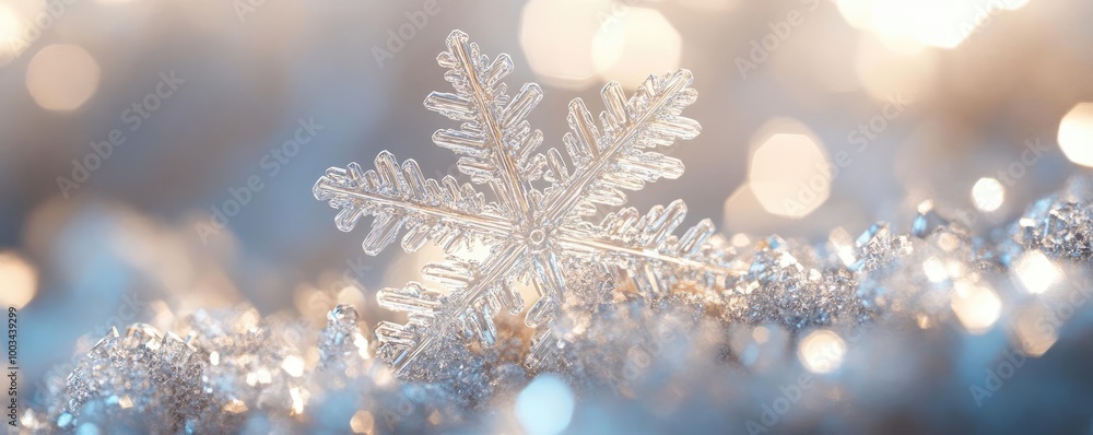 Poster a close-up view of a delicate snowflake with a dreamy, blurred background of light bokeh, capturing 