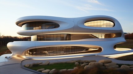 Obraz premium A futuristic, organically shaped house with curved walls and large windows, illuminated by warm evening light, nestled in a lush landscape