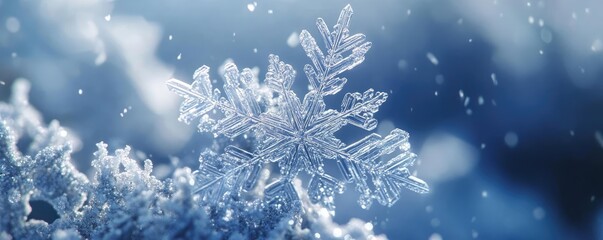 A stunning close-up of a delicate snowflake resting on a frosty surface, showcasing intricate patterns and shimmering ice crystals.