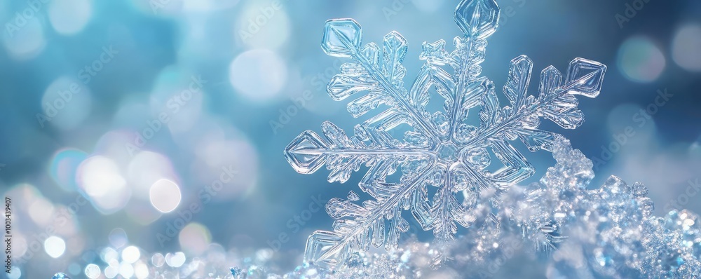 Poster a close-up of a delicate snowflake resting on shimmering ice, capturing the beauty of winter in intr
