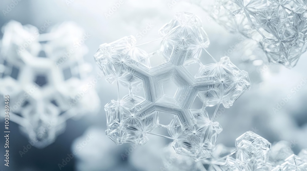 Poster close-up view of intricate snowflake structure, showcasing its unique beauty and delicate features i