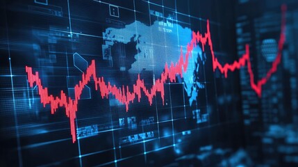 A dynamic stock market graph showcasing fluctuating trends in red against a digital backdrop, ideal for finance and technology themes.