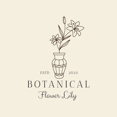 lily blooming  line art vintage botanical beauty logo vector icon illustration design minimalist