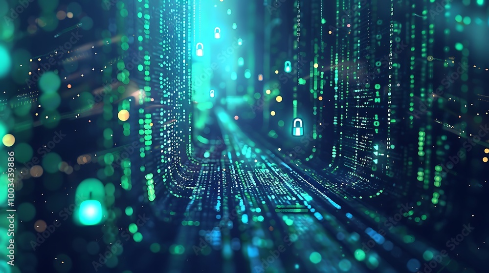 Aufkleber Abstract Cyber Network with Glowing Data Streams and Security Lock Icons
