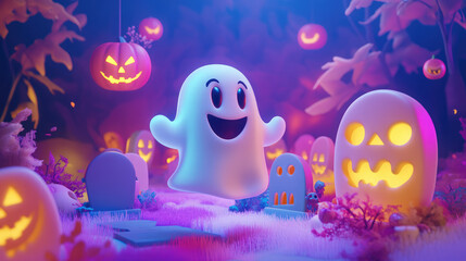 Colorful ghosts with cute designs rise above pastel graves, with light Halloween elements adding charm to the soft background.