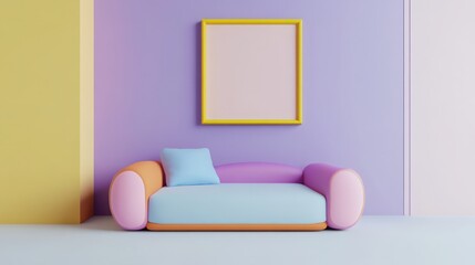 Mock up frame in a clean empty room with pale lavender walls and a fun, colorful children's bed, 3D render 