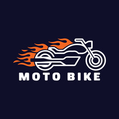a bold t-shirt logo featuring the outline of a custom moto bike with flames shooting from its exhaust.