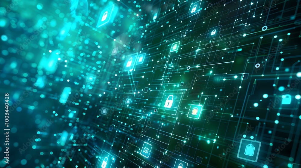 Leinwandbilder Abstract Cyber Network with Glowing Data Streams and Security Lock Icons