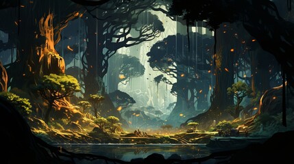 A Mystical Forest Path Leading to a Tranquil River with Glowing Particles Drifting Through the Air