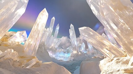 A surreal, otherworldly landscape composed of towering, crystalline formations that reach up into a sky filled with light and color.