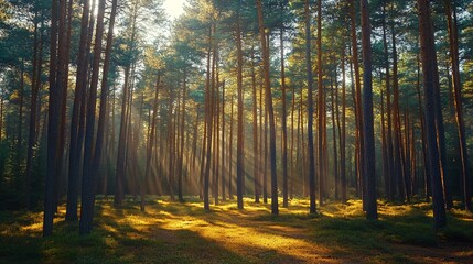 Obraz premium Sun rays illuminate a dense pine forest with a misty atmosphere.